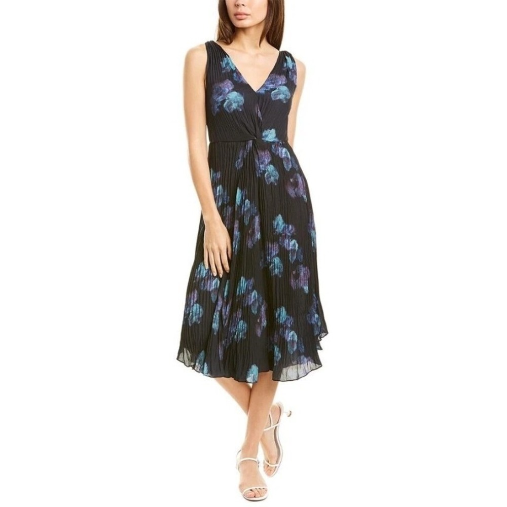 NWT Vince Painted Floral Twist Front Sleeveless Crinkle Dress Black Multi Size 0